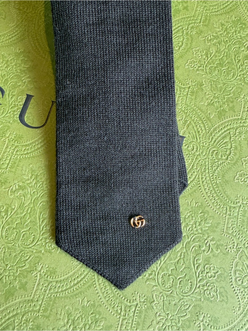 Gucci Black Knit Tie with Gold Double G Pin